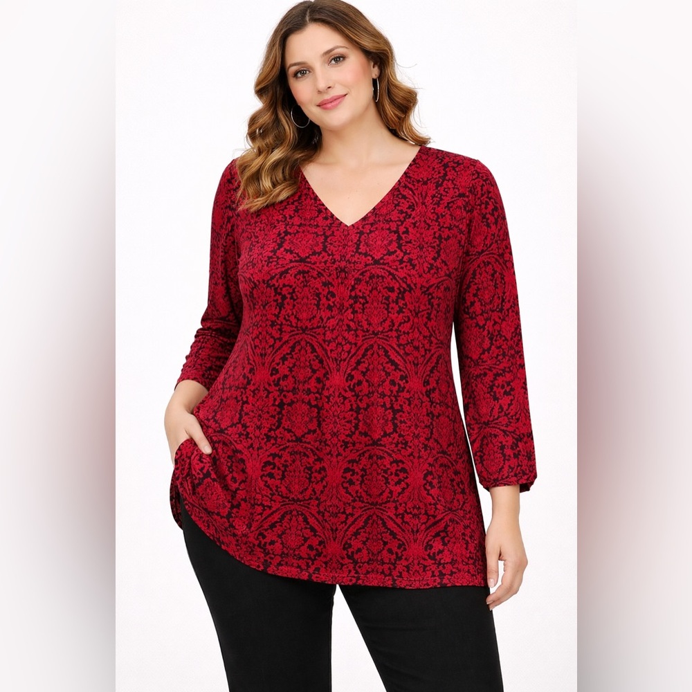 Kim Rogers Plus Size 3X Red Black Damask V Neck Tunic Top